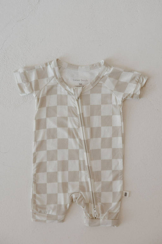 Bamboo Zip Shortie | Neutral Checkerboard
