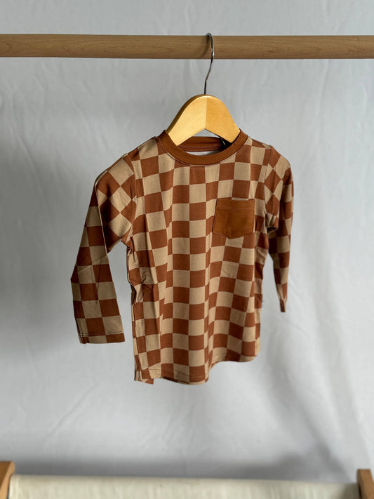 Chocolate & Tan Checkered Pocket Long Sleeve