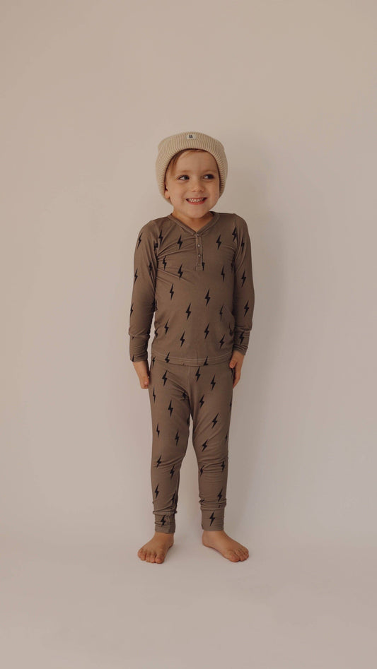 Bamboo Two Piece Pajamas| Brown & Black Lightning Bolt